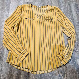 Maurices Women’s Medium Mustard and Black Striped Blouse Top Shirt